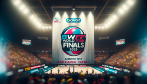 alt_text: Spanduk BWF World Tour Finals 2025 dengan slogan "Saatnya Siap Capek Total".