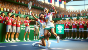 alt_text: "Pasangan ganda putri Indonesia merayakan kemenangan emas di SEA Games 2025."