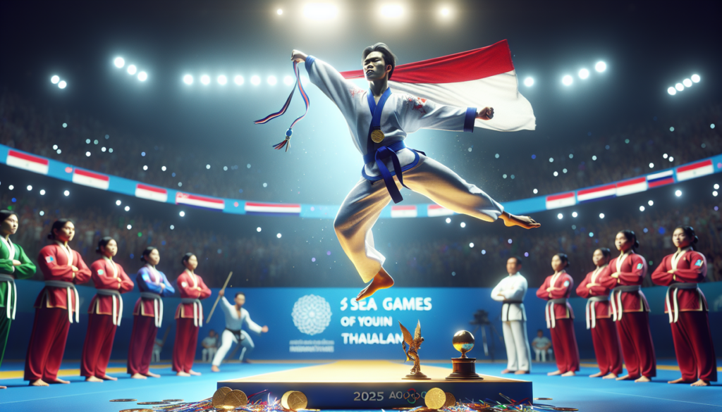 alt_text: Atlet wushu Indonesia meraih emas di Sea Games 2025, Thailand.