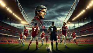 alt_text: Pemain Arsenal dan Liverpool bertanding sengit, pelatih cemas di pinggir lapangan.