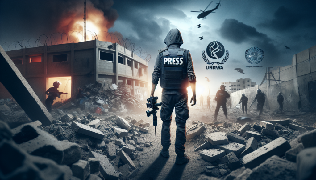"alt_text": "Jurnalis meliput konflik Gaza, mencerminkan tantangan dunia internasional yang gelap."