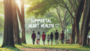 alt_text: "Orang berjalan bersama di taman hijau, mendukung kesehatan jantung optimal."