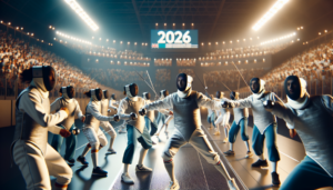 alt_text: "Poster Kejuaraan Asia Anggar 2026 di Jakarta dengan tema momentum emas."