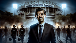 alt_text: Kerumunan suporter chaos di GBLA setelah laga Persib vs Ratchaburi. Keamanan berusaha menenangkan.