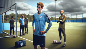 alt_text: James Trafford berdiri di bawah bayangan besar Gianluigi Donnarumma yang menjulang tinggi.