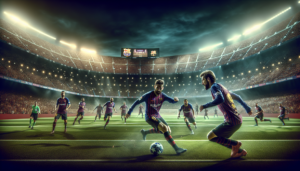 alt_text: Pertandingan seru: Barcelona tampak menekan, Atletico bertahan dengan gigih, penuh emosi dan aksi.