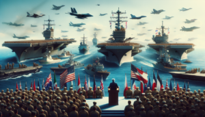 alt_text: Kapal dagang dan kapal perang siaga di Selat Hormuz, pusat ketegangan geopolitik regional.