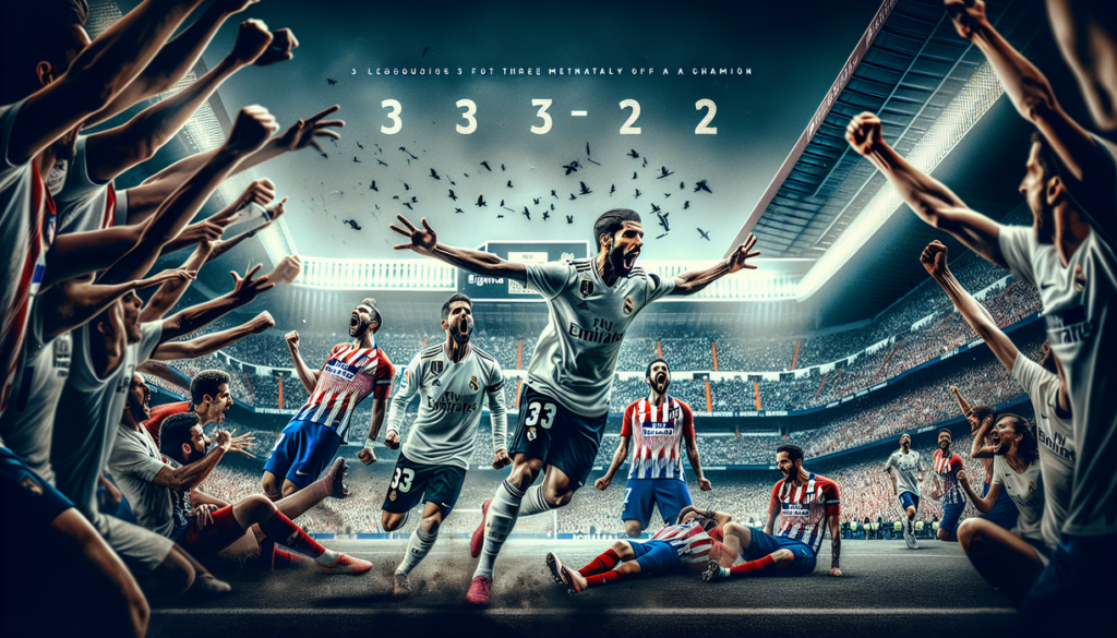 alt_text: Real Madrid merayakan kemenangan dramatis di derby melawan Atletico Madrid.