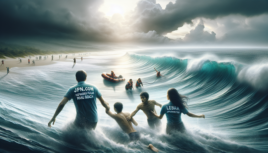 alt_text: Pemandangan Pantai Kayakas Pulo Manuk, penuh wisatawan menikmati liburan dan belajar menghadapi arus.