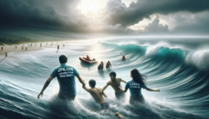 alt_text: Pemandangan Pantai Kayakas Pulo Manuk, penuh wisatawan menikmati liburan dan belajar menghadapi arus.