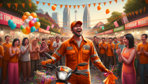 alt_text: Motor listrik terjangkau menarik pembeli di pasar murah, simbol inovasi dan keberlanjutan.