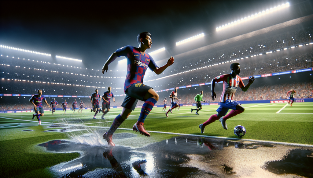 alt_text: Pertandingan Atletico Vs Barcelona di Wanda Metropolitano dengan tantangan lapangan licin.