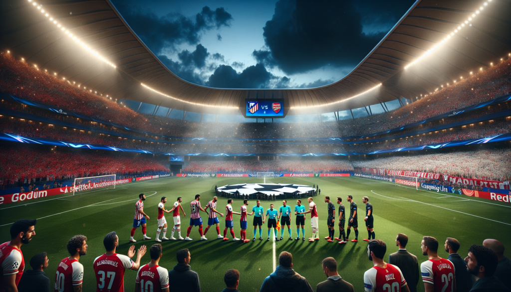 alt_text: "Poster motivasi UCL: Atletico menghadapi Arsenal dengan tema harga diri di lapangan."