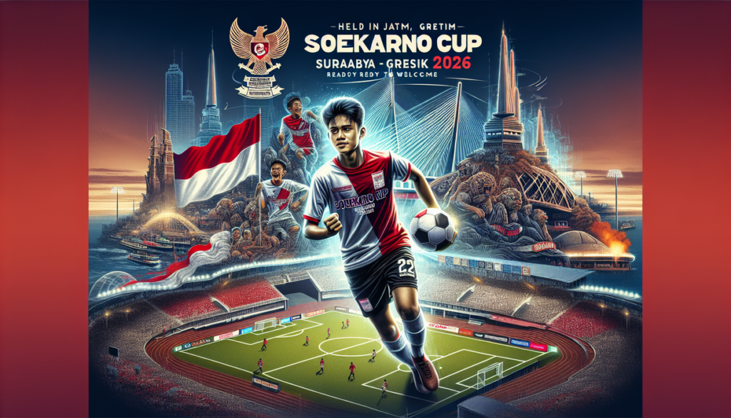 alt_text: "Poster Soekarno Cup 2026, Jawa Timur siap menjadi tuan rumah pertandingan sepak bola besar."