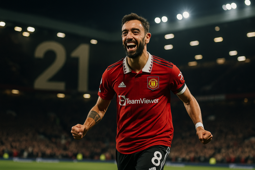 alt_text: Bruno Fernandes merayakan gol, menjadi arsitek rekor assist di Liga Inggris.