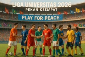 alt_text: Poster "Liga Universitas 2026" mengangkat tema sepakbola sebagai simbol perdamaian di Indonesia.