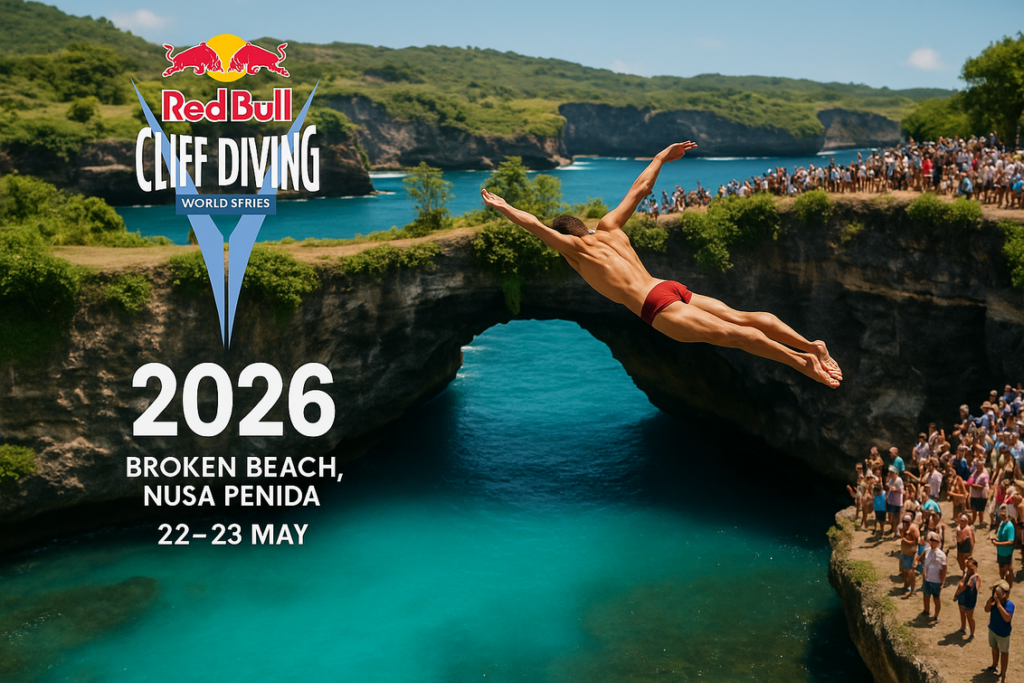 alt_text: Dua orang melompat dari tebing ke laut di Bali, memacu adrenalin dengan latar pemandangan indah.