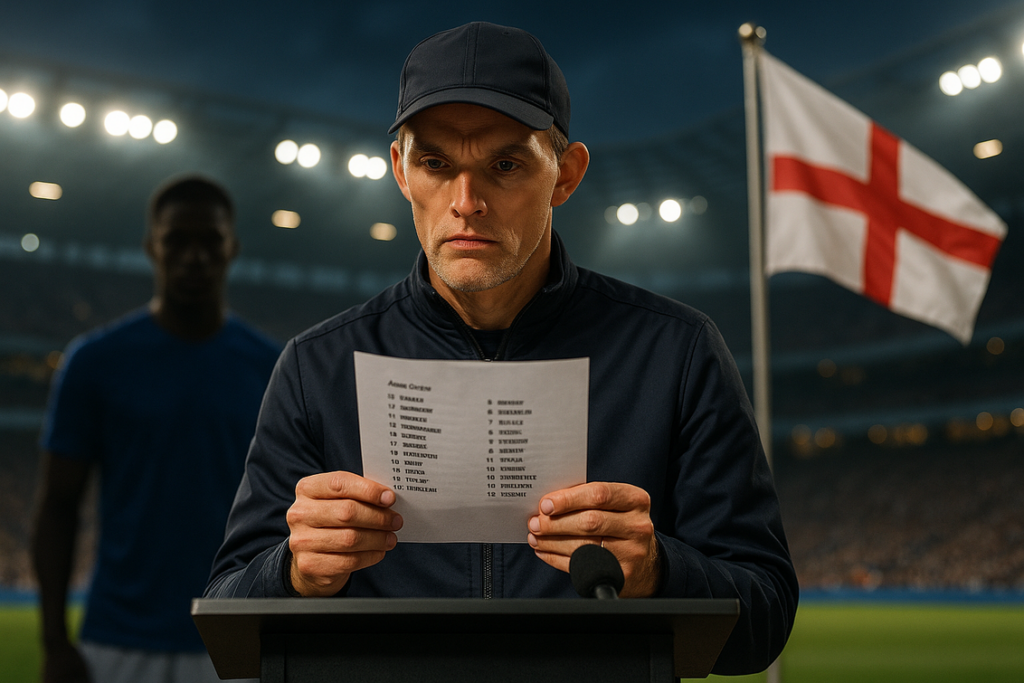 "alt_text": "Thomas Tuchel latih skuad Inggris 2026, rombak formasi bintang, strategi baru."
