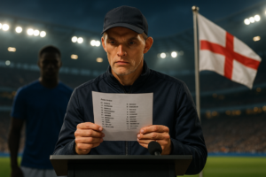 "alt_text": "Thomas Tuchel latih skuad Inggris 2026, rombak formasi bintang, strategi baru."
