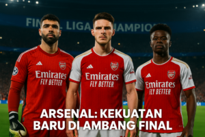 alt_text: Tiga pemain Arsenal menjadi ancaman bagi ambisi PSG di lapangan.
