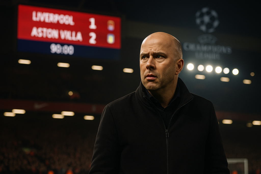 "alt_text": "Liverpool berjuang keras di Liga Champions, emosi tinggi dan penuh tekanan."