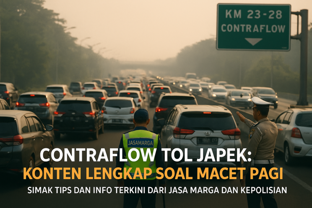 alt_text: Kendaraan padat di Contraflow Tol Japek pagi hari mengatasi kemacetan.