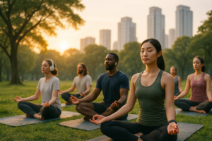 "alt_text": "Orang berlatih yoga di Car Free Day, mencari keseimbangan dan ketenangan di tengah kota."
