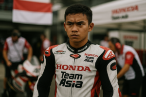 alt_text: Veda Ega usai kecelakaan FP2 Hungaria, terlihat cedera ringan dan dibantu tim medis.