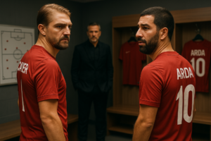 alt_text: Caner Erkin dan Arda Turan menjaga jarak untuk konteks konten tertentu.
