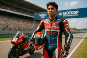 alt_text: Mario Aji beraksi di balapan Moto2, fokus pada usaha comeback di sirkuit Sachsenring.