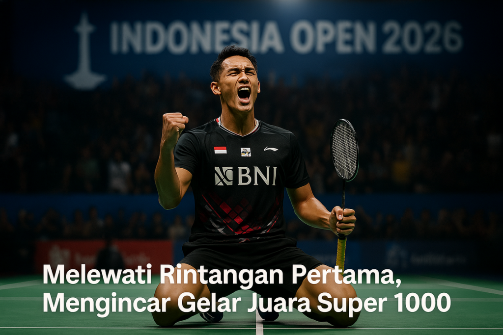 alt_text: Jonatan Christie mempromosikan semangat juara dalam acara Indonesia Open.