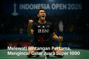 alt_text: Jonatan Christie mempromosikan semangat juara dalam acara Indonesia Open.