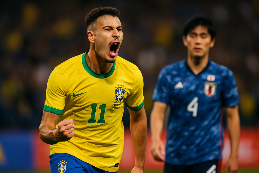 alt_text: Martinelli mencetak gol kemenangan untuk Brasil, Jepang kalah di menit akhir pertandingan.