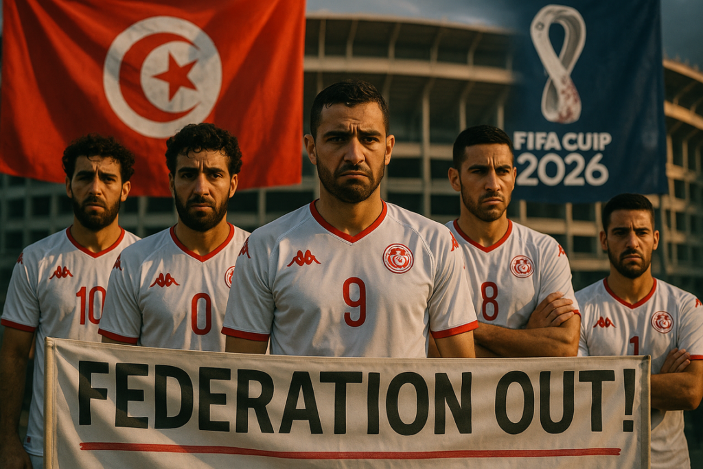 "alt_text": "Poster Piala Dunia 2026 dengan nuansa suram dan kata-kata 'Mimpi Jadi Bencana'."