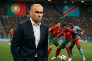 ```alt_text Pemain sepak bola Portugal kebingungan di lapangan, simbol krisis kreativitas dalam strategi tim. ```