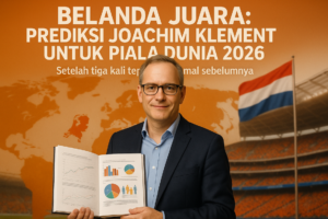 alt_text: Joachim Klement memprediksi konten Piala Dunia 2026 dengan grafis bendera dan statistik.