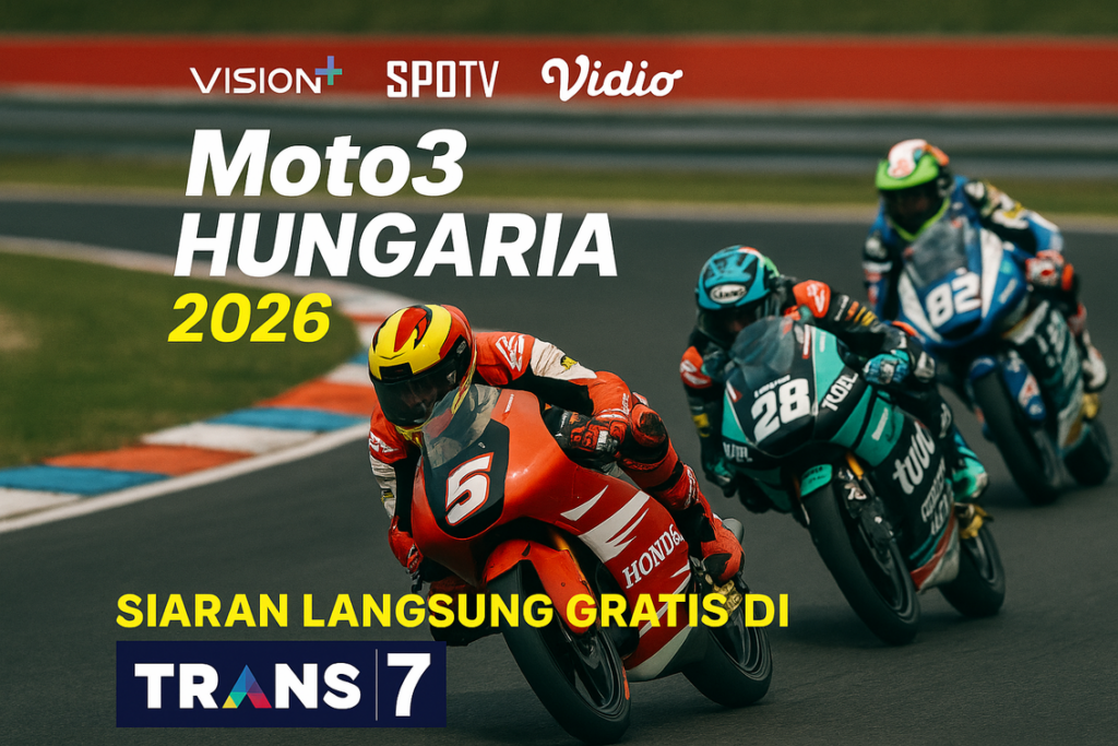 alt_text: Siaran langsung MotoGP Hungaria 2026 di Trans7; para pembalap sedang melaju di tikungan sirkuit.