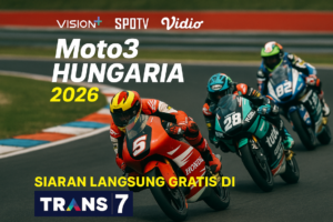alt_text: Siaran langsung MotoGP Hungaria 2026 di Trans7; para pembalap sedang melaju di tikungan sirkuit.