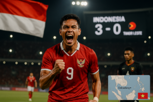 alt_text: Sorotan Indonesia vs Timor Leste, kemenangan 3-0 dengan gol gemilang.