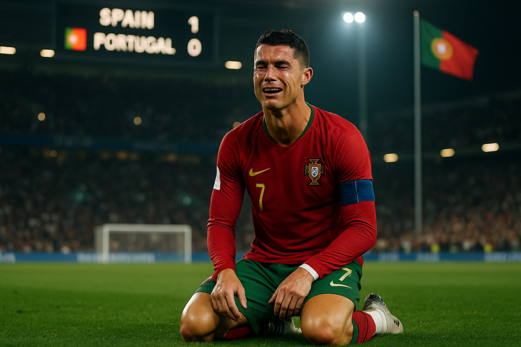 alt_text: Ronaldo menangis dalam ruang berdesain khas Portugal yang elegan dan modern.