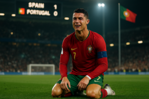 alt_text: Ronaldo menangis dalam ruang berdesain khas Portugal yang elegan dan modern.
