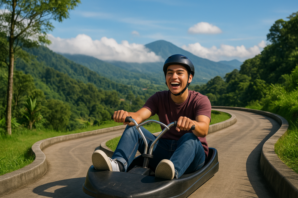 alt_text: Pengunjung meluncur di trek Go-Luge Puncak Bogor, dikelilingi awan dan pemandangan menakjubkan.