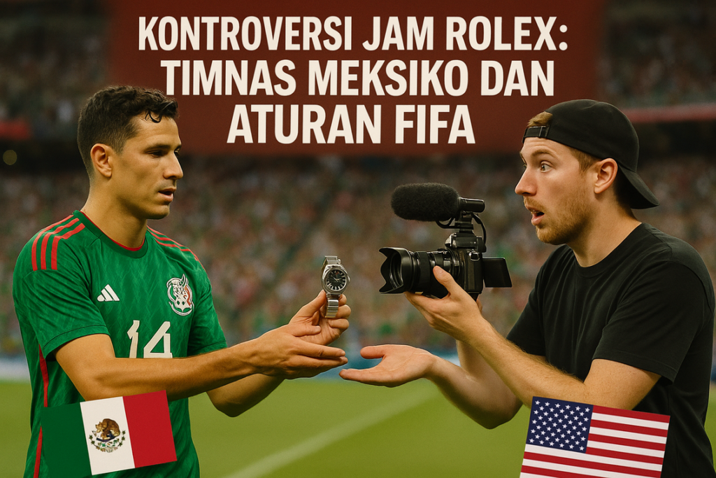alt_text: Jam Rolex, jersey Timnas Meksiko, skema taruhan, dan chatbot di layar bersamaan.