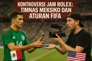 alt_text: Jam Rolex, jersey Timnas Meksiko, skema taruhan, dan chatbot di layar bersamaan.