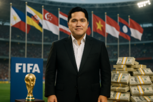 alt_text: Spanduk "FIFA ASEAN Cup 2026" di depan kerangka besi hollow kokoh.