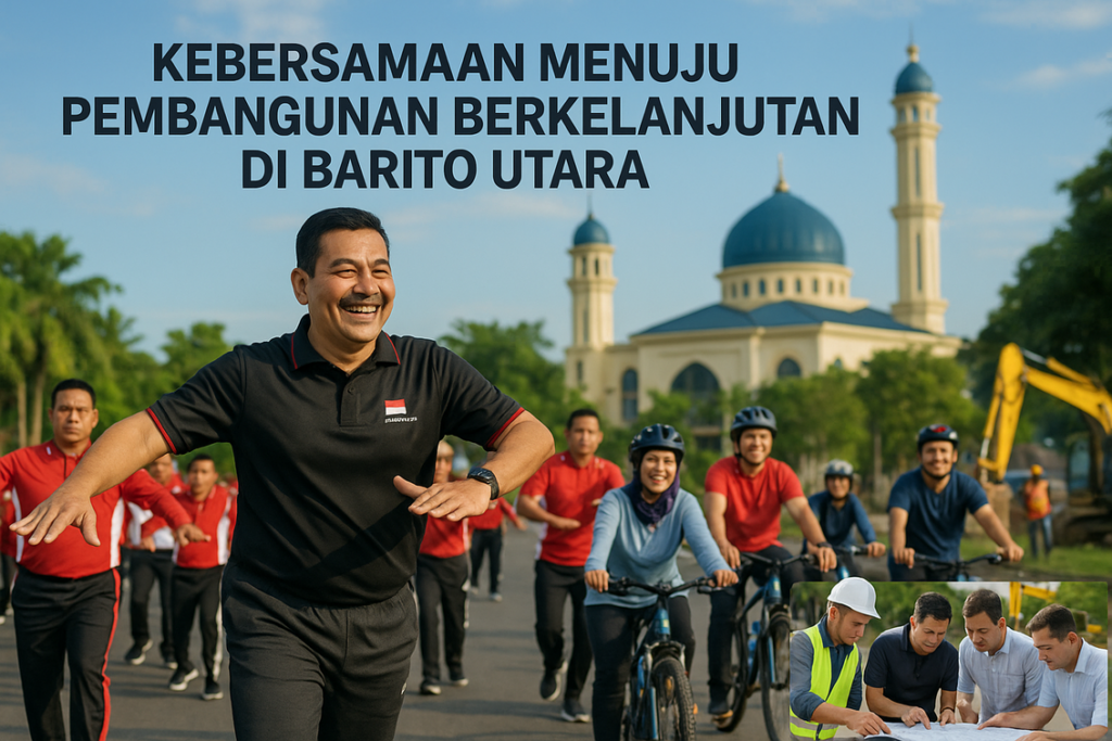 alt_text: Pesepeda memantau proyek pembangunan di Barito Utara sambil menikmati pemandangan alam.