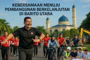 alt_text: Pesepeda memantau proyek pembangunan di Barito Utara sambil menikmati pemandangan alam.