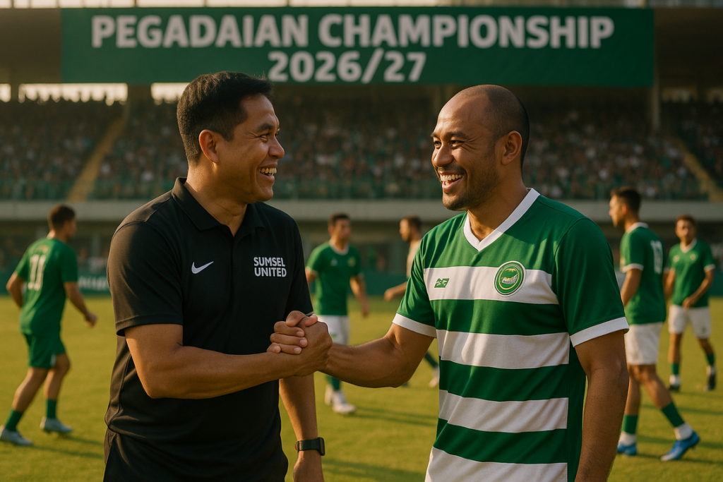 alt_text: Andar Suhendar dan Nasuha tersenyum bersama di Pegadaian Championship saat reuni.