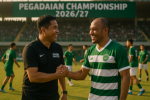 alt_text: Andar Suhendar dan Nasuha tersenyum bersama di Pegadaian Championship saat reuni.